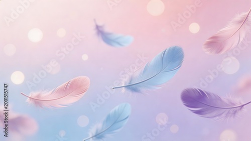 Colorful feathers floating in soft light