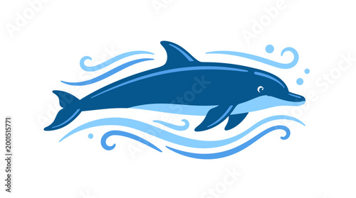 Playful Blue Dolphin Swimming Gracefully Through Stylized Waves