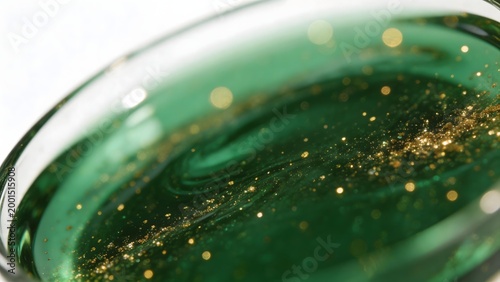 Green liquid with golden glitter in glass