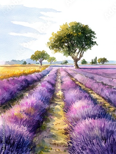 Watercolor landscape of lavender fields and trees under blue sky, scenic countryside illustration with path and soft light, perfect for nature posters and decor.