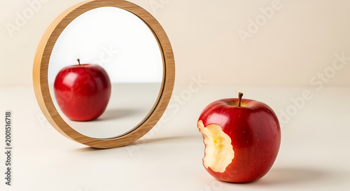 A bitten red apple placed beside a round mirror reflecting its untouched side on a smooth surface