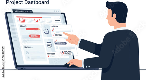 Businessman Analyzing Project Dashboard with Data and Priorities for Task Management, Workflow, and Productivity Monitoring Illustration.