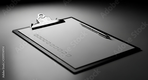 A blank clipboard with checkboxes and a pen placed on a dark surface, ideal for note-taking