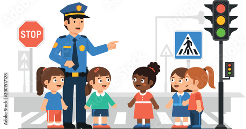 Fotografie Police Officer Teaching Kids Road Safety with Traffic Signals and Stop Sign for Pedestrian Safety Awareness and Education Illustration