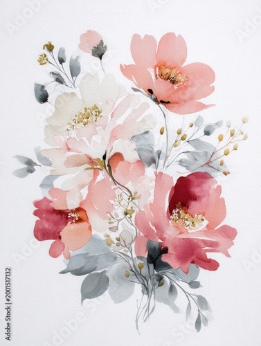 Elegant watercolor floral bouquet illustration with pink and white flowers and grey leaves on white background, perfect for invitations, posters, and decor.