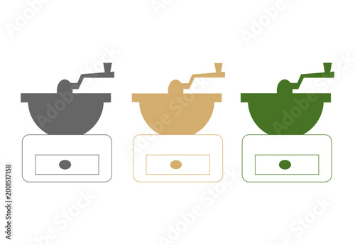 Manual Coffee Grinder Icon Set in Gray Beige and Green Flat Design Cafe Equipment Illustration