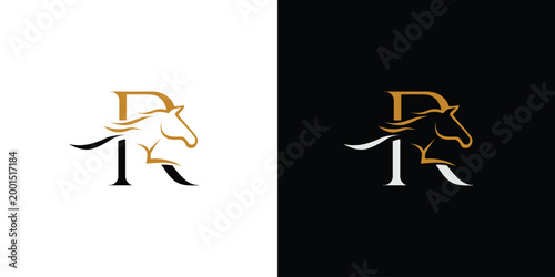 The logo design with the initial letter R is combined with a modern and luxury horse head symbol