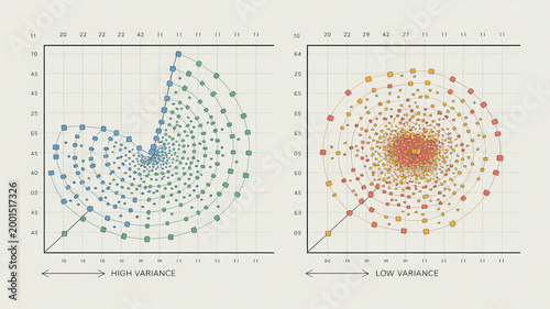 Data Visualization: An abstract visualization displaying data sets, representing high and low variance levels.