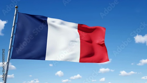 The French flag waves proudly against a bright blue sky dotted with fluffy white clouds, symbolizing national pride and heritage.