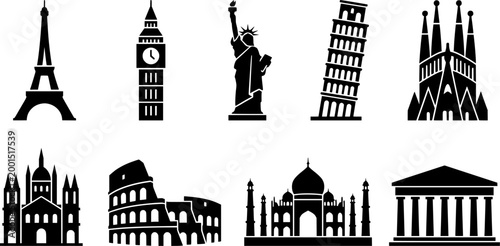 World Landmarks and Famous Monuments Solid Vector Icons Set - Travel and Tourism Symbols Illustration