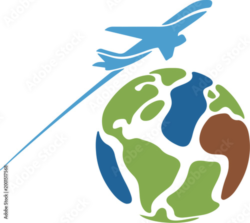 Minimal vector scene with airplane crossing over a stylized globe made of abstract land and water shapes, smooth curves