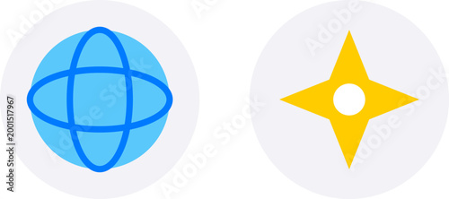Two minimalist circular icons featuring a blue wireframe globe and a yellow navigation star illustration