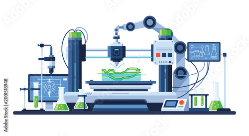 An advanced industrial three dimensional printer meticulously constructs a green prototype alongside scientific glassware and multiple digital data monitoring screens in a lab.