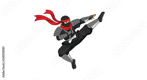 A skilled martial arts ninja wearing dark traditional armor and a vibrant red scarf executes a powerful flying kick against a clean white background.