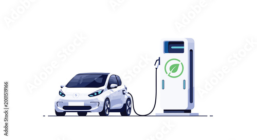A modern white electric vehicle remains stationary while connected to a sleek charging station featuring a prominent green leaf emblem on a white background.