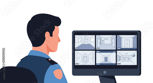 A professional security officer in a blue uniform sits attentively while monitoring multiple surveillance camera feeds on a large computer screen in a bright room.