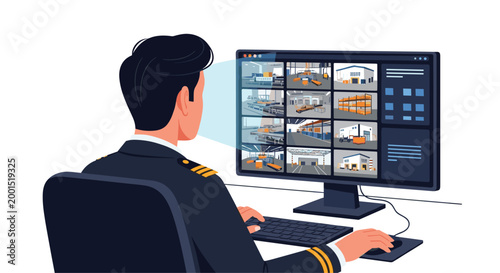 A dedicated security professional meticulously examines a diverse array of warehouse surveillance footage on a sophisticated digital display system within a modern control center.