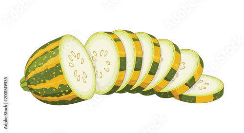 A vibrant yellow and green striped summer squash is meticulously sliced into uniform circular pieces against a pristine white background with soft natural lighting.