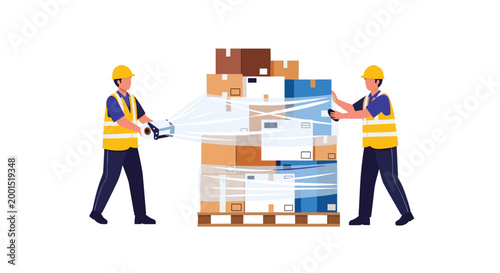 Two professional warehouse workers wearing yellow safety vests and hard hats wrap a large pallet of stacked cardboard boxes with clear plastic stretch film.