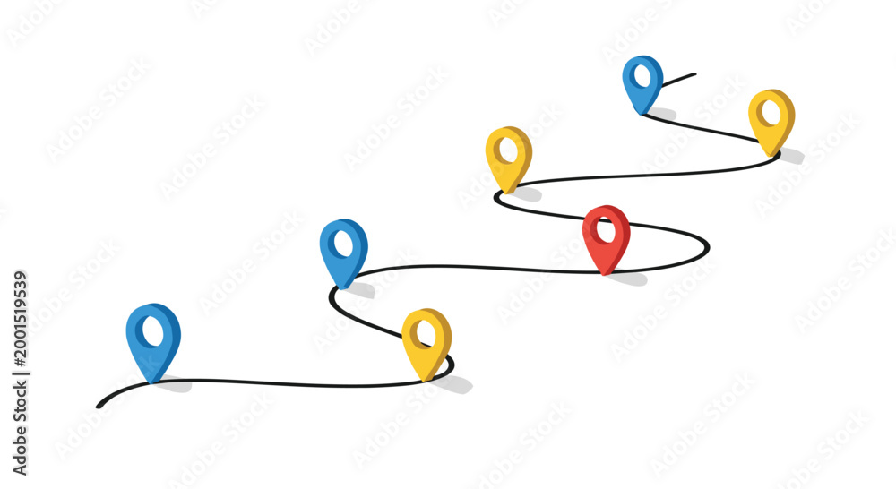 Naklejka premium A winding black path features several vibrant three dimensional map location pins in blue yellow and red colors across a pristine white studio background.