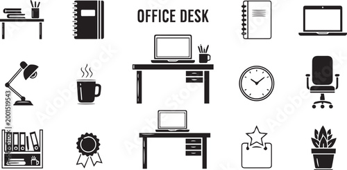 Office Desk and Workspace Vector Icon Set with Laptop, Notebook, Lamp and Furniture