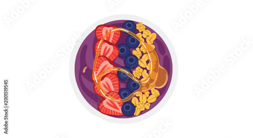 Healthy Acai Smoothie Bowl with Fresh Strawberry Blueberry Granola and Honey Drizzle Vector Illustration