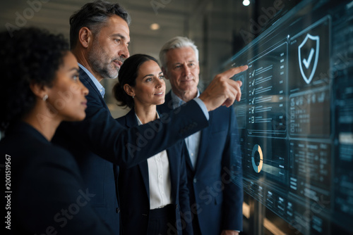 Group of diverse business executives reviewing an AI governance and security checklist on a futuristic digital screen, Katowice, Silesia, Poland, Europe
