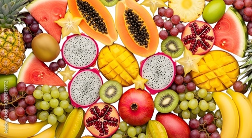 Assorted tropical fruits isolated on white background including pineapple and papaya