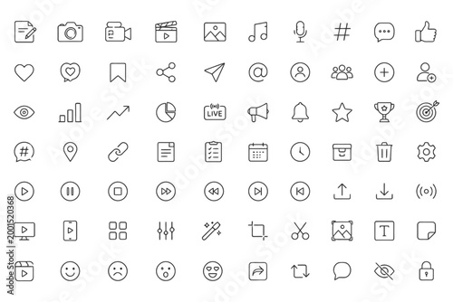 Collection of minimalist black line icons for multimedia and communication.