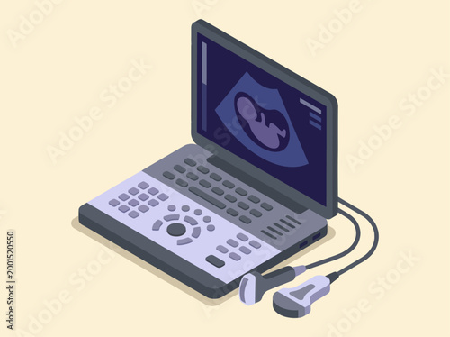 An isometric vector illustration of a modern portable ultrasound machine equipped with two connected scanning transducers and a dark monitor screen that displays clear 2D images of a developing fetus