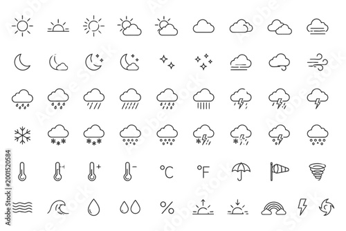 Weather symbols collection: sun, cloud, rain, snow, temperature, wind, thunderstorm icons.