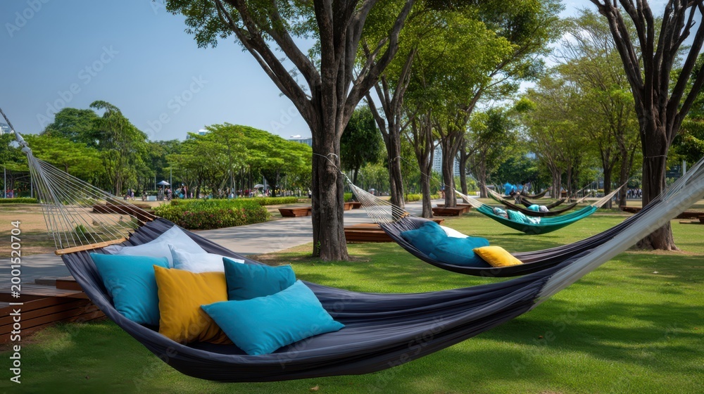 Fototapeta premium A serene park scene with multiple hammocks tied between trees, each adorned with colorful pillows under clear blue skies.