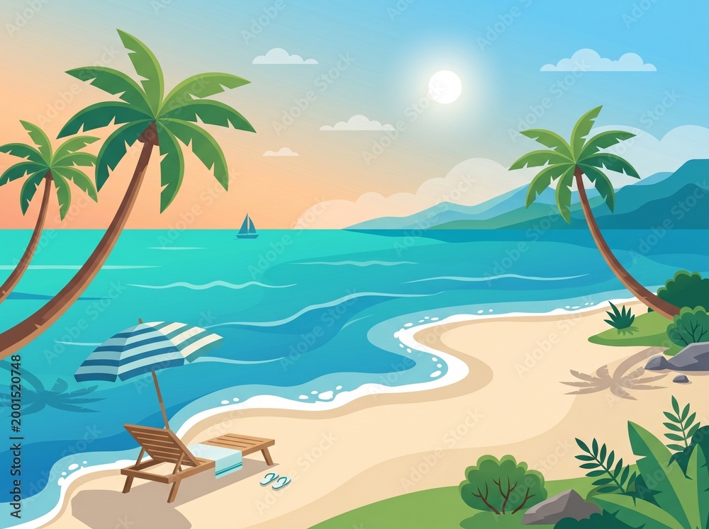 Fototapeta premium Tropical Beach Summer Vacation Illustration with Beach Chair, Umbrella, and Palm Trees on Sunny Shore
