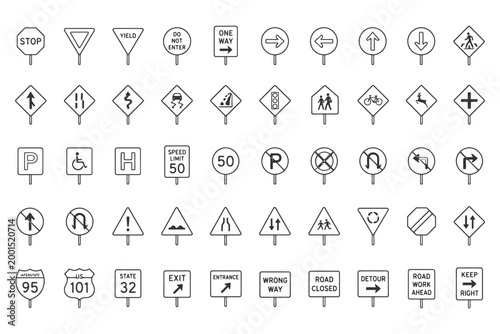 Traffic and road signs collection with various directions and warnings.