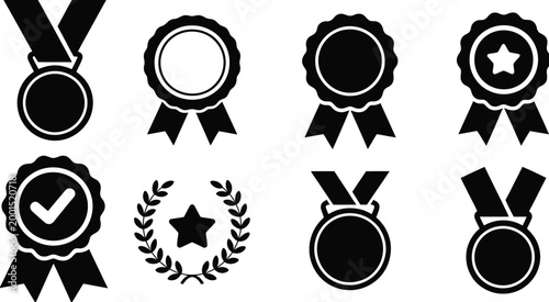 Solid Award Icon Set with Medals, Badges, and Laurel Wreaths, Recognition and Achievement Symbols for Ranking, Excellence, Victory, and Success, Vector Illustration Collection for UI and Branding
