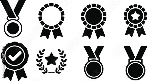 Solid Award Icon Set with Medals, Badges, and Laurel Wreaths, Recognition and Achievement Symbols for Ranking, Excellence, Victory, and Success, Vector Illustration Collection for UI and Branding