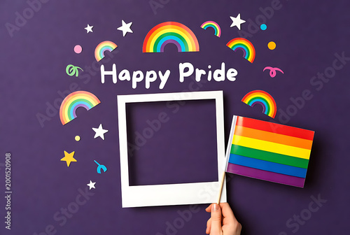 Hand holding photo frame with happy pride message and rainbow flag