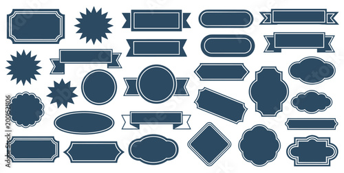 Elegant Badges and Ribbons Set: Versatile collection of ornamental badges and ribbons, perfect for design needs. vintage graphic elements, diverse shapes, vector design, artistic adornments.