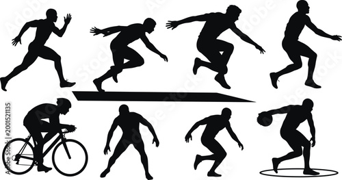 Athletes Running Cycling Basketball Silhouettes