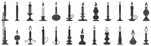Candle collection: A series of candle silhouettes with different shapes and designs. decorative objects, light source, vintage decor, antique decoration, lighting elements.