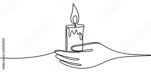 Candle of Remembrance: A hand tenderly holds a flickering candle, evoking a sense of remembrance and peace. One-line art, delicate, symbolic, artistic, memorial, memory.