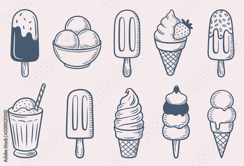 Variety of Ice Cream Delights: An assortment of ice cream treats, from cones to sundaes, ready to be enjoyed. dessert temptation, sweet craving, summer refreshment, frozen treat, ice cream flavor.