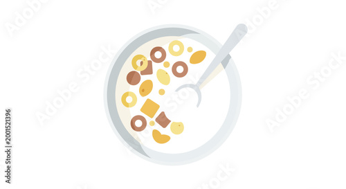 Top View Vector Illustration of Breakfast Cereal in a Bowl with Milk and Spoon