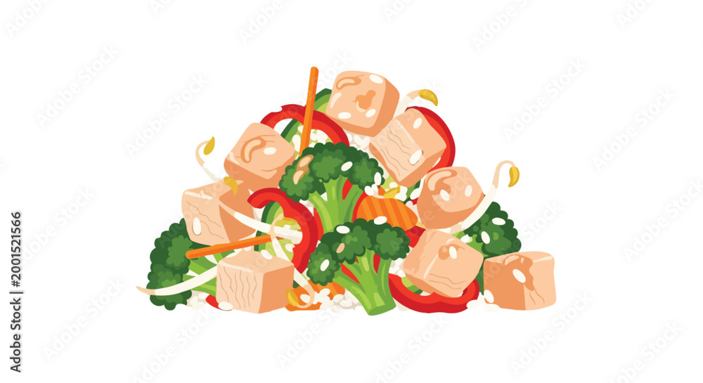 Naklejka premium Healthy Stir Fry Vegetable Dish with Tofu Broccoli and Red Peppers Vector Illustration Isolated on White Background