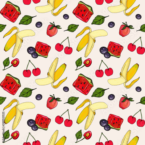 Fresh summer fruit seamless pattern with banana cherry