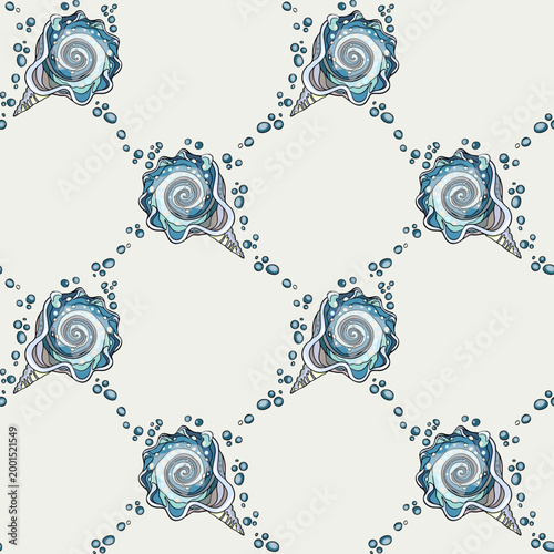 Seashell seamless pattern with water bubbles design