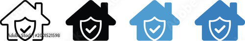 House icons, with shield and checkmark, minimalist vector set of secure home symbols showing protection verification and safe housing concepts for real estate design.