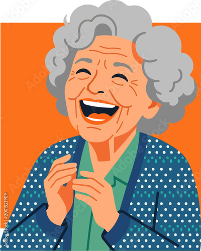 Elderly Woman Smiling with Hands Up.