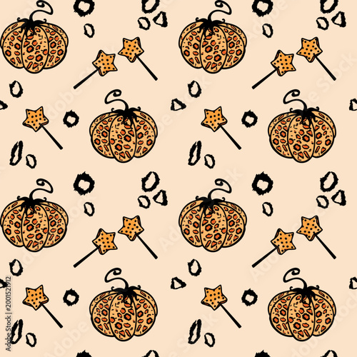 Leopard print pumpkin magic wand halloween pattern