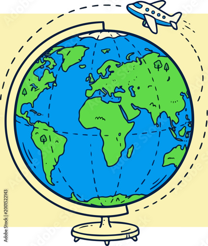 Globe with airplane flying around earth.